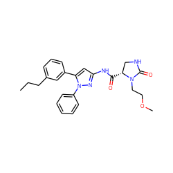 CCCc1cccc(-c2cc(NC(=O)[C@@H]3CNC(=O)N3CCOC)nn2-c2ccccc2)c1 ZINC000169707269