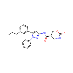 CCCc1cccc(-c2cc(NC(=O)[C@@H]3CNC(=O)OC3)nn2-c2ccccc2)c1 ZINC000169707261