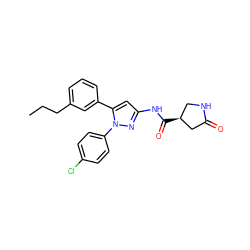 CCCc1cccc(-c2cc(NC(=O)[C@H]3CNC(=O)C3)nn2-c2ccc(Cl)cc2)c1 ZINC000169706977