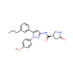 CCCc1cccc(-c2cc(NC(=O)[C@H]3CNC(=O)C3)nn2-c2ccc(OC)cc2)c1 ZINC000169707061