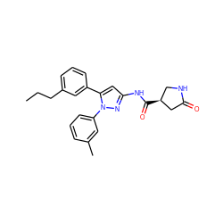 CCCc1cccc(-c2cc(NC(=O)[C@H]3CNC(=O)C3)nn2-c2cccc(C)c2)c1 ZINC000169707019