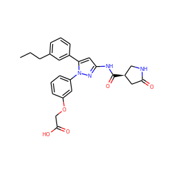 CCCc1cccc(-c2cc(NC(=O)[C@H]3CNC(=O)C3)nn2-c2cccc(OCC(=O)O)c2)c1 ZINC000169707063