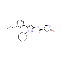 CCCc1cccc(-c2cc(NC(=O)[C@H]3CNC(=O)C3)nn2C2CCCCCC2)c1 ZINC000169707011