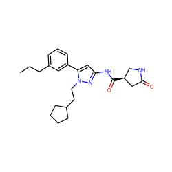 CCCc1cccc(-c2cc(NC(=O)[C@H]3CNC(=O)C3)nn2CCC2CCCC2)c1 ZINC000169707076