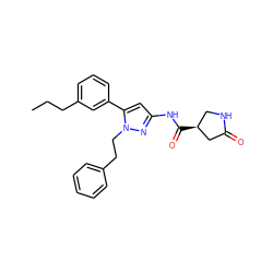 CCCc1cccc(-c2cc(NC(=O)[C@H]3CNC(=O)C3)nn2CCc2ccccc2)c1 ZINC000169707045