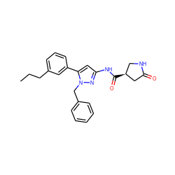 CCCc1cccc(-c2cc(NC(=O)[C@H]3CNC(=O)C3)nn2Cc2ccccc2)c1 ZINC000169707036