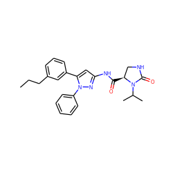 CCCc1cccc(-c2cc(NC(=O)[C@H]3CNC(=O)N3C(C)C)nn2-c2ccccc2)c1 ZINC000169707248