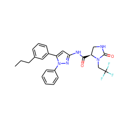 CCCc1cccc(-c2cc(NC(=O)[C@H]3CNC(=O)N3CC(F)(F)F)nn2-c2ccccc2)c1 ZINC000169707307