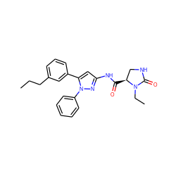 CCCc1cccc(-c2cc(NC(=O)[C@H]3CNC(=O)N3CC)nn2-c2ccccc2)c1 ZINC000169707216