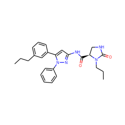 CCCc1cccc(-c2cc(NC(=O)[C@H]3CNC(=O)N3CCC)nn2-c2ccccc2)c1 ZINC000169707217