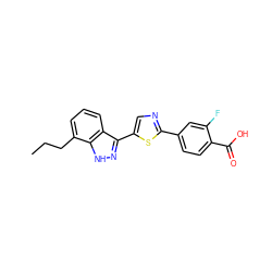 CCCc1cccc2c(-c3cnc(-c4ccc(C(=O)O)c(F)c4)s3)n[nH]c12 ZINC000653784992