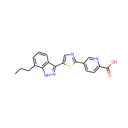 CCCc1cccc2c(-c3cnc(-c4ccc(C(=O)O)nc4)s3)n[nH]c12 ZINC000653784948