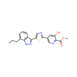 CCCc1cccc2c(-c3cnc(-c4cnc(C(=O)OC)c(O)c4)s3)n[nH]c12 ZINC000653802172