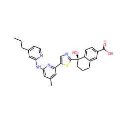 CCCc1ccnc(Nc2cc(C)cc(-c3cnc([C@@]4(O)CCCc5cc(C(=O)O)ccc54)s3)n2)c1 ZINC000142032049