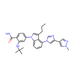 CCCc1cn(-c2ccc(C(N)=O)c(NC(C)(C)C)c2)c2cccc(-n3cnc(-c4cnn(C)c4)c3)c12 ZINC000200929801