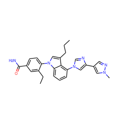 CCCc1cn(-c2ccc(C(N)=O)cc2CC)c2cccc(-n3cnc(-c4cnn(C)c4)c3)c12 ZINC000143157324