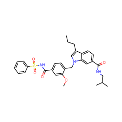 CCCc1cn(Cc2ccc(C(=O)NS(=O)(=O)c3ccccc3)cc2OC)c2cc(C(=O)NCC(C)C)ccc12 ZINC000027406094