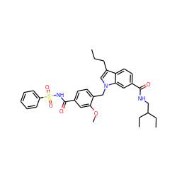 CCCc1cn(Cc2ccc(C(=O)NS(=O)(=O)c3ccccc3)cc2OC)c2cc(C(=O)NCC(CC)CC)ccc12 ZINC000027330242