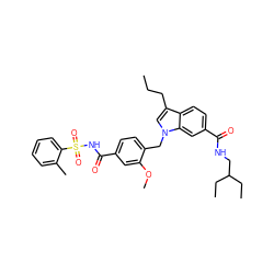 CCCc1cn(Cc2ccc(C(=O)NS(=O)(=O)c3ccccc3C)cc2OC)c2cc(C(=O)NCC(CC)CC)ccc12 ZINC000027329772