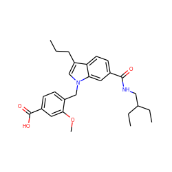 CCCc1cn(Cc2ccc(C(=O)O)cc2OC)c2cc(C(=O)NCC(CC)CC)ccc12 ZINC000027329741