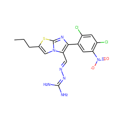 CCCc1cn2c(/C=N/N=C(N)N)c(-c3cc([N+](=O)[O-])c(Cl)cc3Cl)nc2s1 ZINC000038807585