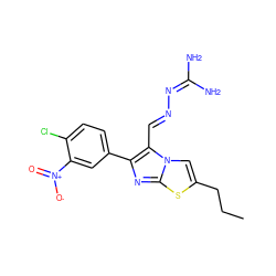 CCCc1cn2c(/C=N/N=C(N)N)c(-c3ccc(Cl)c([N+](=O)[O-])c3)nc2s1 ZINC000005883414