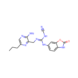 CCCc1cnc(N)c(C/N=C(/NC#N)Nc2ccc3[nH]c(=O)oc3c2)n1 ZINC000473155242