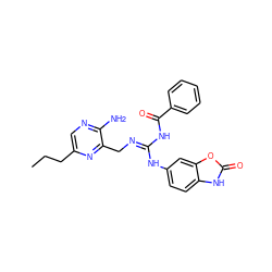 CCCc1cnc(N)c(C/N=C(/NC(=O)c2ccccc2)Nc2ccc3[nH]c(=O)oc3c2)n1 ZINC000473156982