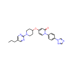 CCCc1cnc(N2CCC(Oc3ccn(-c4ccc(-n5cncn5)cc4)c(=O)c3)CC2)nc1 ZINC000116693121