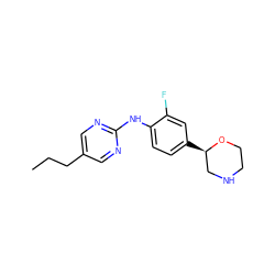 CCCc1cnc(Nc2ccc([C@@H]3CNCCO3)cc2F)nc1 ZINC000149931197