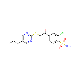 CCCc1cnc(SCC(=O)c2ccc(S(N)(=O)=O)c(Cl)c2)nc1 ZINC000096940227