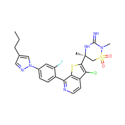 CCCc1cnn(-c2ccc(-c3nccc4c(Cl)c([C@]5(C)CS(=O)(=O)N(C)C(=N)N5)sc34)c(F)c2)c1 ZINC001772615879