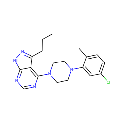 CCCc1n[nH]c2ncnc(N3CCN(c4cc(Cl)ccc4C)CC3)c12 ZINC000084615822