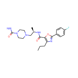 CCCc1nc(-c2ccc(F)cc2)oc1C(=O)N[C@H](C)CN1CCN(C(N)=O)CC1 ZINC000034987866