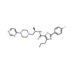 CCCc1nc(-c2ccc(F)cc2)oc1C(=O)N[C@H](C)CN1CCN(c2ccncn2)CC1 ZINC000084382964