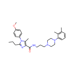 CCCc1nc(C(=O)NCCCN2CCN(c3cccc(C)c3C)CC2)c(C)n1-c1ccc(OC)cc1 ZINC000072106085