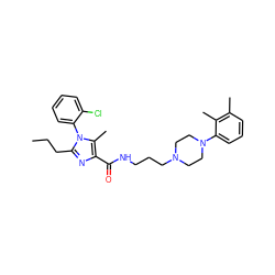 CCCc1nc(C(=O)NCCCN2CCN(c3cccc(C)c3C)CC2)c(C)n1-c1ccccc1Cl ZINC000072106802