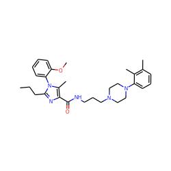 CCCc1nc(C(=O)NCCCN2CCN(c3cccc(C)c3C)CC2)c(C)n1-c1ccccc1OC ZINC000072106420