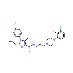 CCCc1nc(C(=O)NCCCN2CCN(c3cccc(Cl)c3C)CC2)c(C)n1-c1ccc(OC)cc1 ZINC000072106557