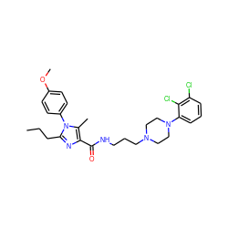 CCCc1nc(C(=O)NCCCN2CCN(c3cccc(Cl)c3Cl)CC2)c(C)n1-c1ccc(OC)cc1 ZINC000072106402