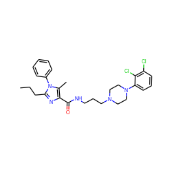 CCCc1nc(C(=O)NCCCN2CCN(c3cccc(Cl)c3Cl)CC2)c(C)n1-c1ccccc1 ZINC000072106314