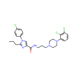 CCCc1nc(C(=O)NCCCN2CCN(c3cccc(Cl)c3Cl)CC2)cn1-c1ccc(Cl)cc1 ZINC000072105267