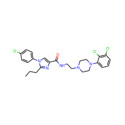 CCCc1nc(C(=O)NCCN2CCN(c3cccc(Cl)c3Cl)CC2)cn1-c1ccc(Cl)cc1 ZINC000115185209