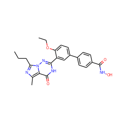 CCCc1nc(C)c2c(=O)[nH]c(-c3cc(-c4ccc(C(=O)NO)cc4)ccc3OCC)nn12 ZINC000224526555