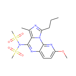 CCCc1nc(C)c2c(N(S(C)(=O)=O)S(C)(=O)=O)nc3ccc(OC)nc3n12 ZINC000049109302