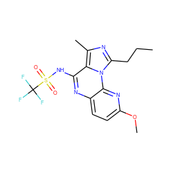 CCCc1nc(C)c2c(NS(=O)(=O)C(F)(F)F)nc3ccc(OC)nc3n12 ZINC000049036116