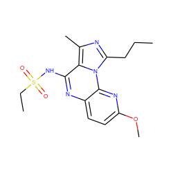 CCCc1nc(C)c2c(NS(=O)(=O)CC)nc3ccc(OC)nc3n12 ZINC000049037525