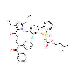 CCCc1nc(CC)c(C(=O)CCN(C(=O)c2cccnc2)c2ccccn2)n1Cc1ccc(-c2ccccc2S(=O)(=O)NC(=O)OCCC(C)C)cc1F ZINC000095610540