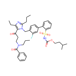 CCCc1nc(CC)c(C(=O)CCN(CCC)C(=O)c2ccccc2)n1Cc1ccc(-c2ccccc2S(=O)(=O)NC(=O)OCCC(C)C)cc1F ZINC000026737833