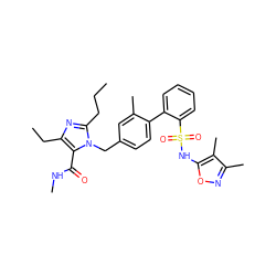 CCCc1nc(CC)c(C(=O)NC)n1Cc1ccc(-c2ccccc2S(=O)(=O)Nc2onc(C)c2C)c(C)c1 ZINC000001492380